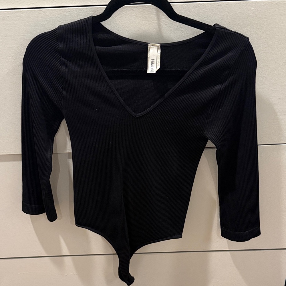 Black Ribbed V-Neck Bodysuit - Bobbles & Lace